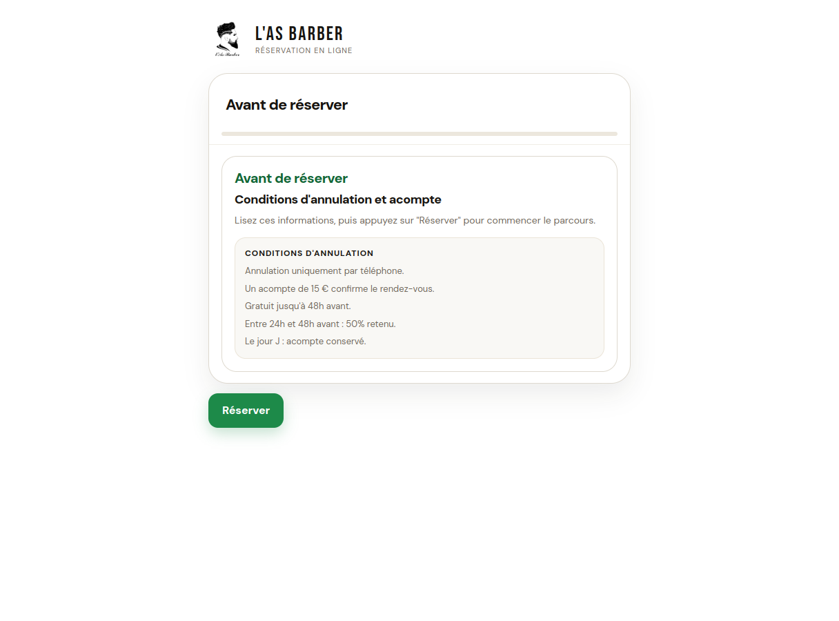 Capture desktop du site de réservation L'AS Barber montrant les conditions d'annulation.