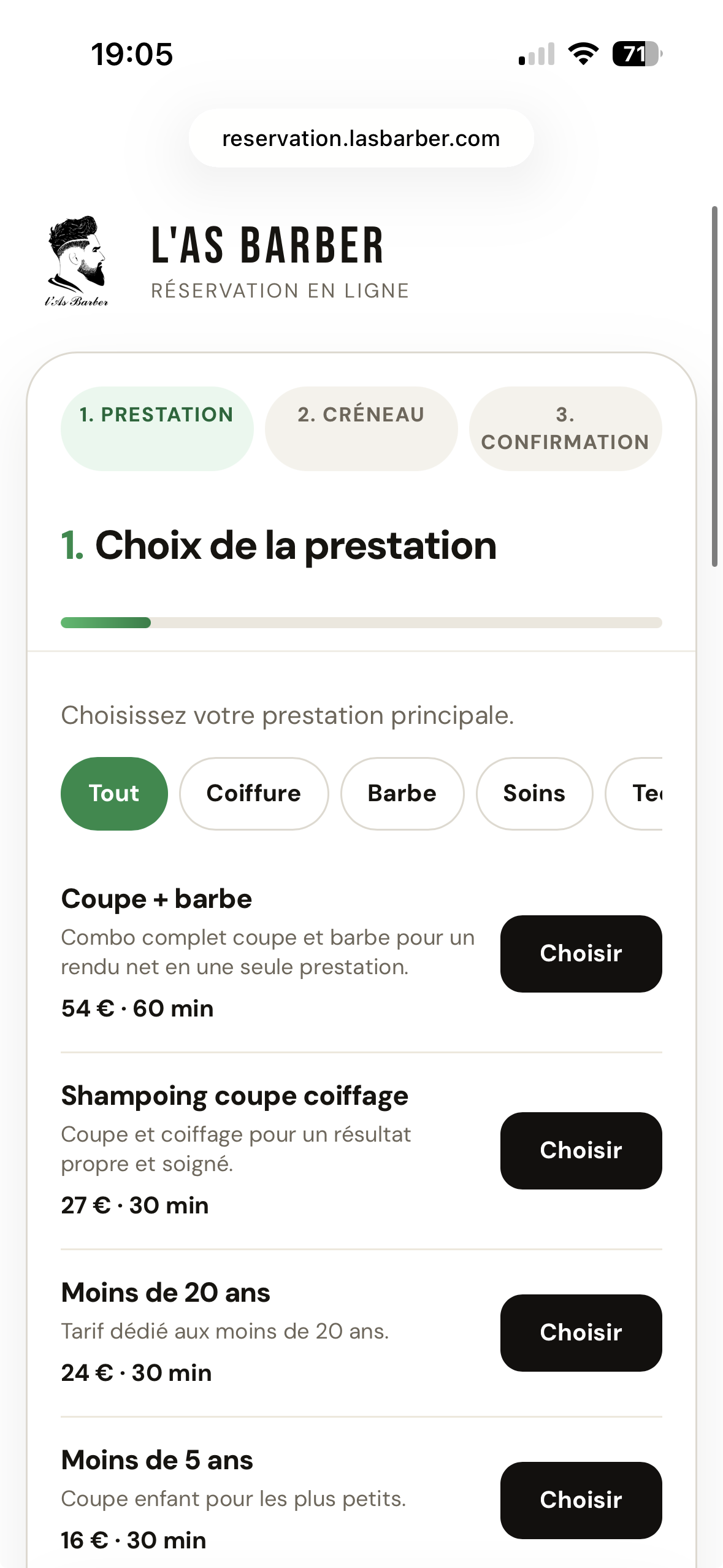 Capture mobile du choix de la prestation sur L'AS Barber.