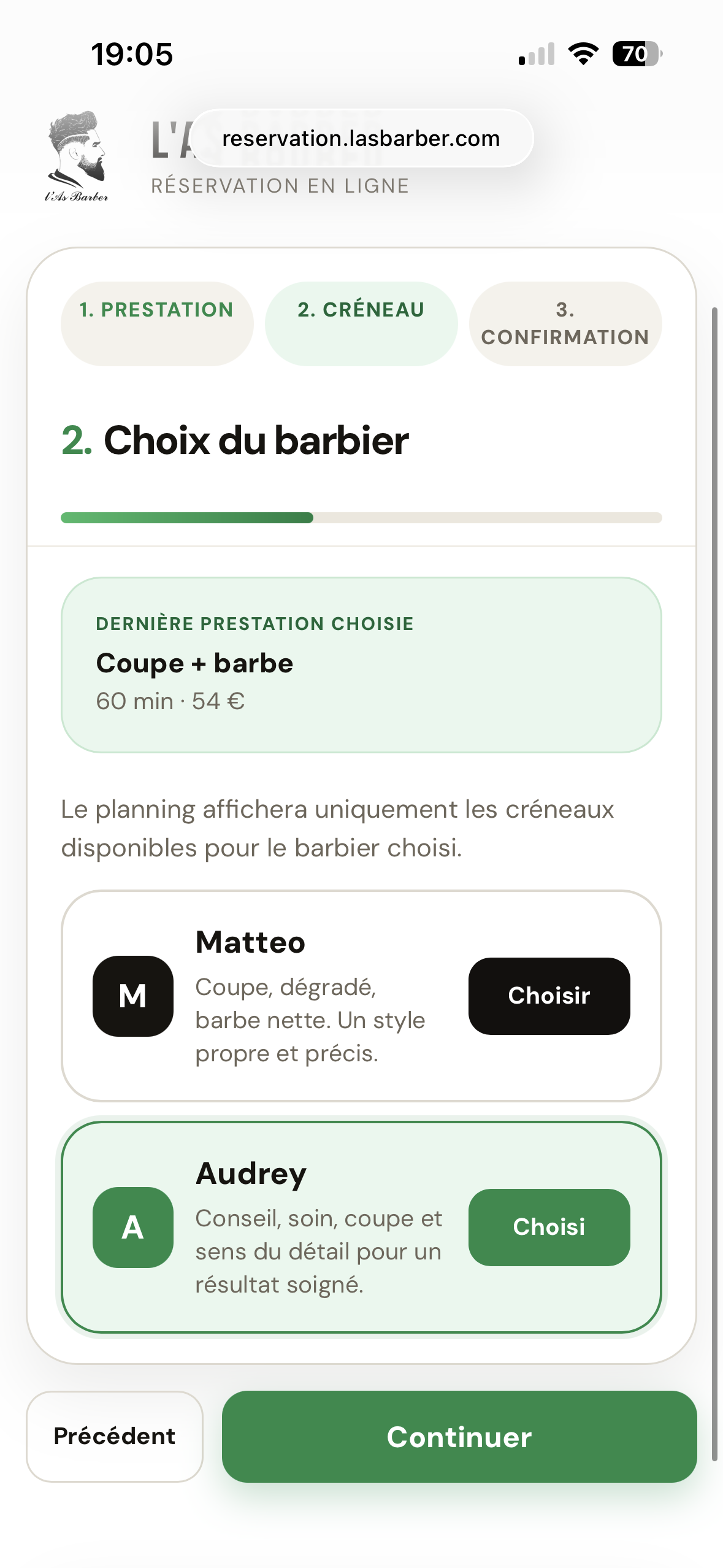 Capture mobile du choix du barbier sur L'AS Barber.